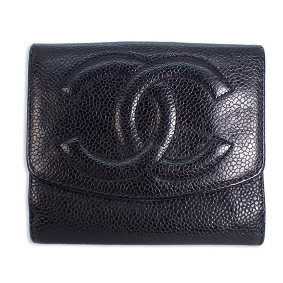 CHANEL Authentic Caviar Skin Leather Black Trifold Wallet #4 - Picture 1 of 6